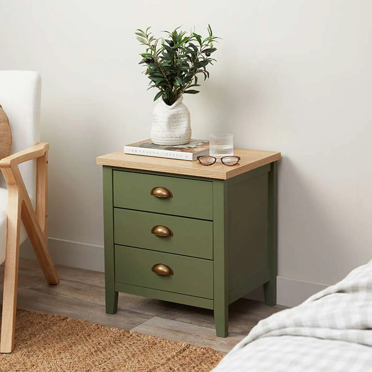 Hastings Three Drawer Bedside Table - Olive Green/Natural - Image 3