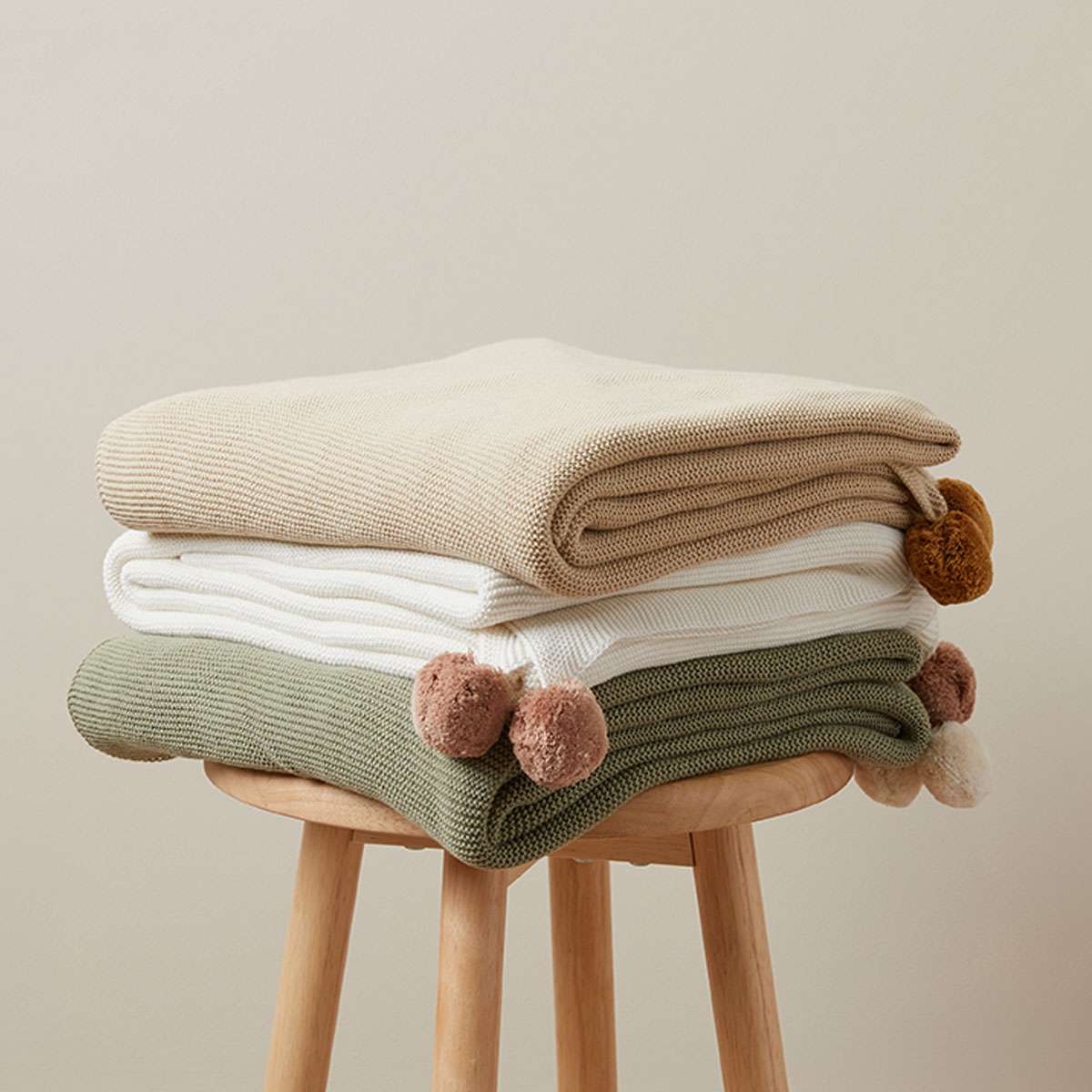 Priya Pompom Knit Throw - Oatmeal/Mustard - Image 3