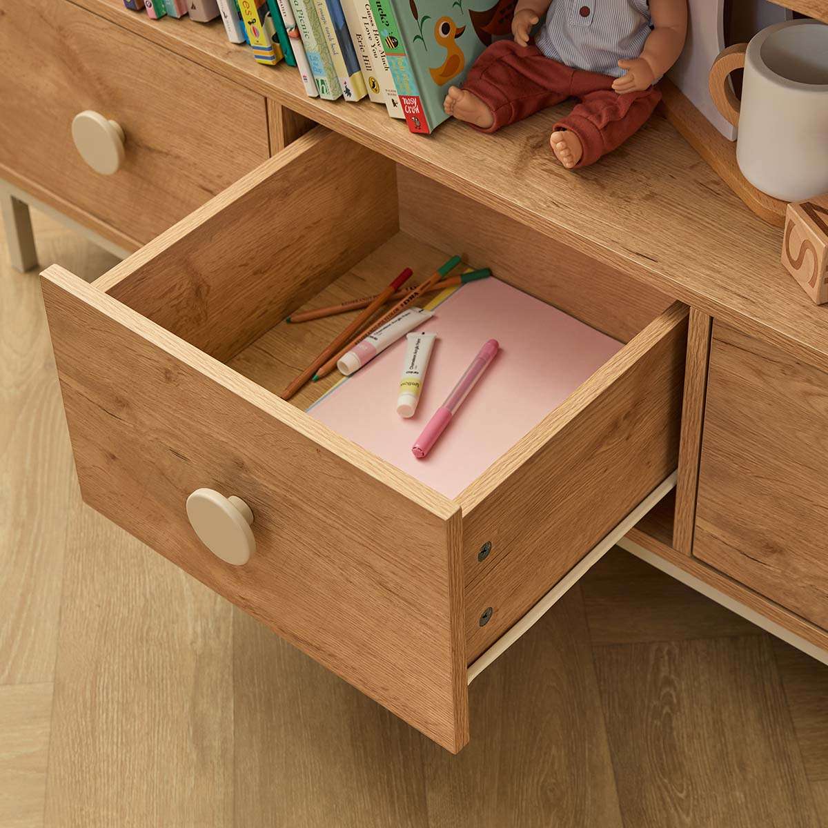 Spotty Book Storage with Toy Drawer Organiser - Cream - Image 4