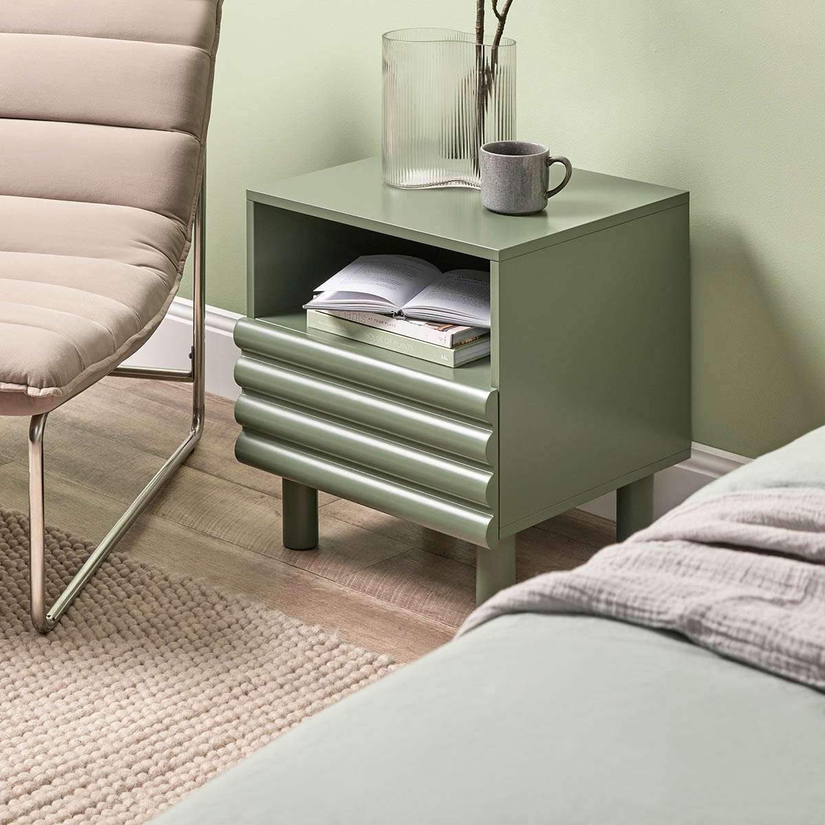 Theodore Ribbed Bedside Table - Green - Image 4